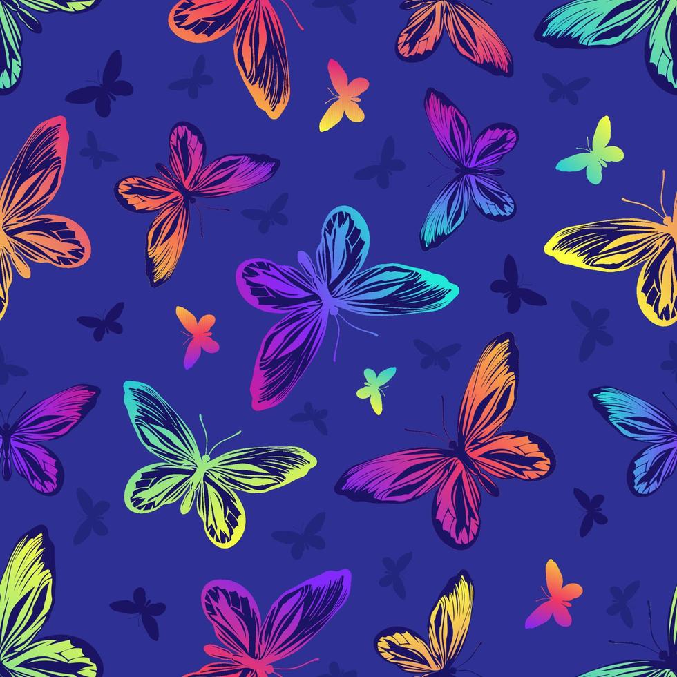 patrón sin fisuras con mariposas arco iris sobre un fondo azul. patrón para telas, papel de regalo. vector