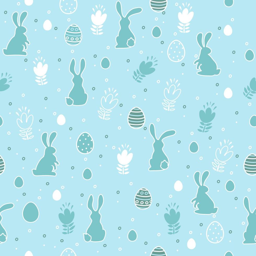 Easter seamless pattern with eggs, flowers and bunnies on a blue background. vector