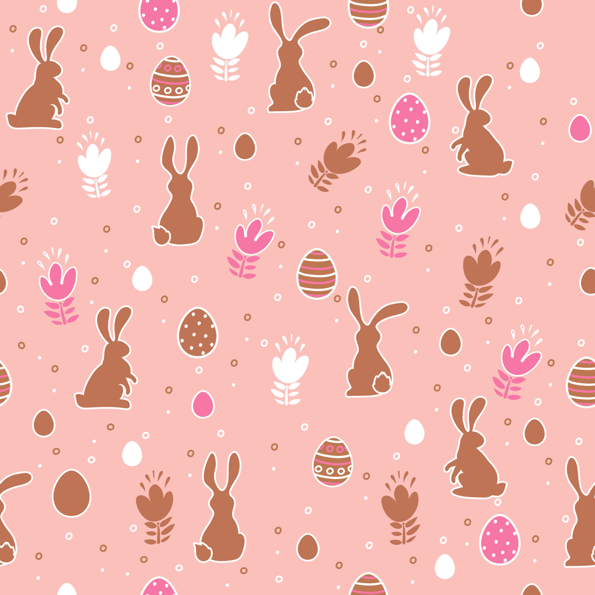 Easter seamless pattern with eggs, flowers and bunnies on a pink