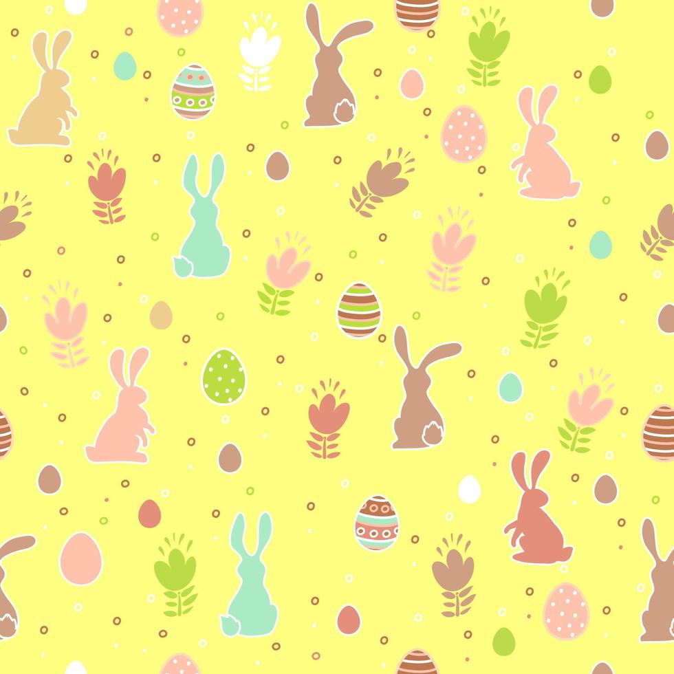 Pascua de patrones sin fisuras con huevos, flores y conejitos sobre un fondo amarillo. vector