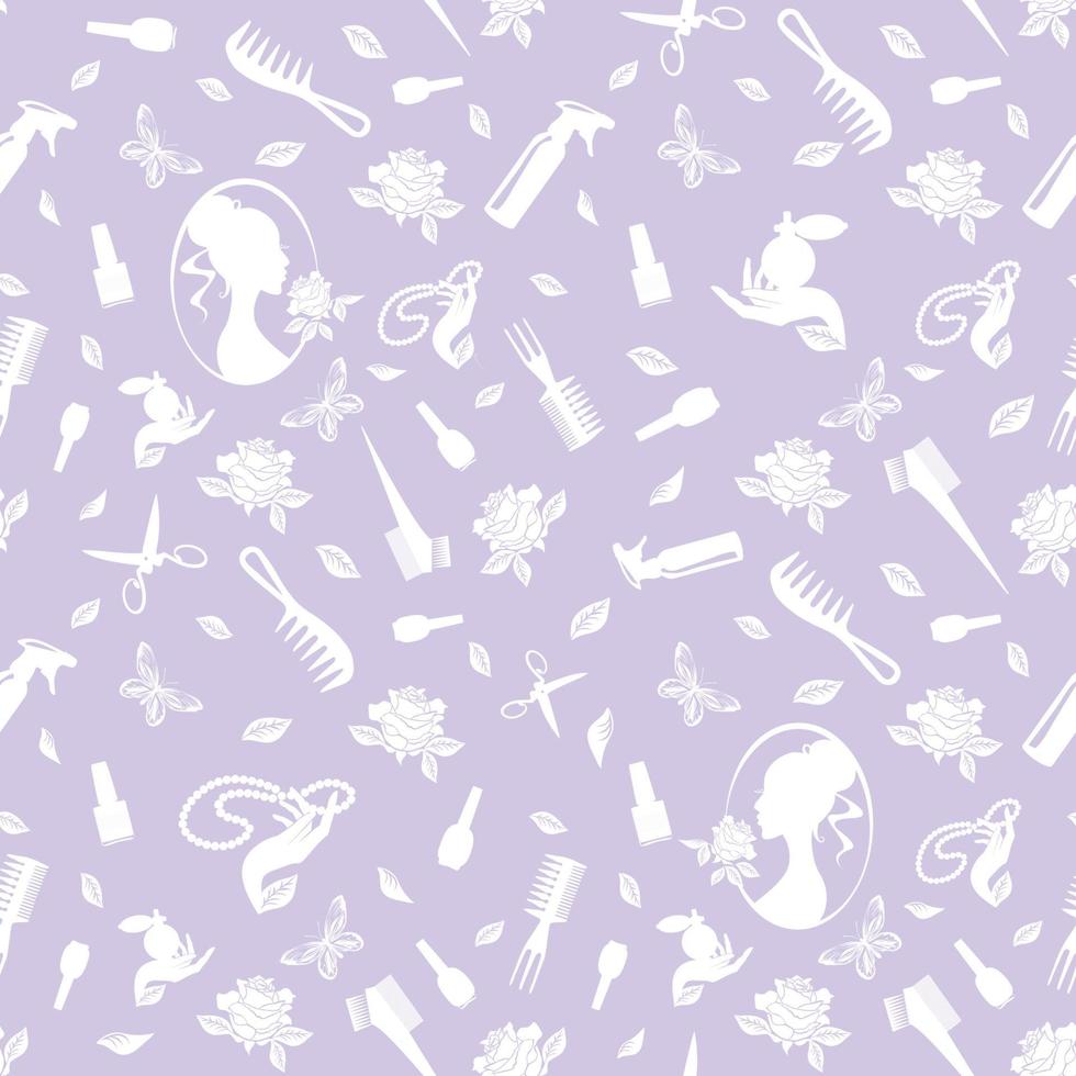 Seamless pattern of hairdressing tools, scissors, combs, spray, rose, butterfly, beads, perfume, profile of a girl with a hairstyle. Vector image.