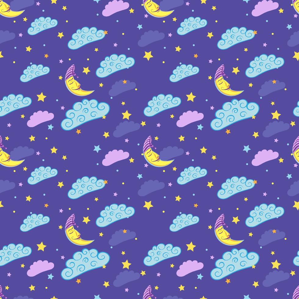 Seamless pattern with cute sleeping moon, stars and clouds. vector