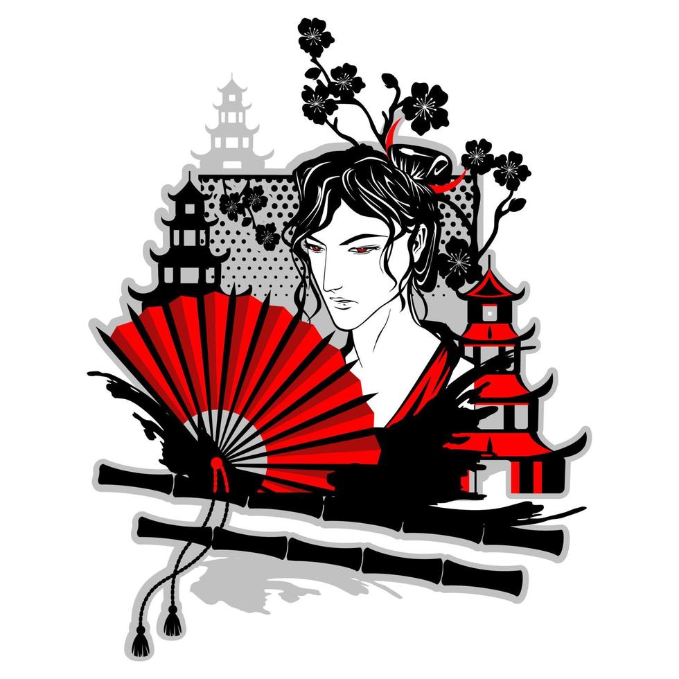 Man with long hair, a red fan in his hand in the style of manga and anime, against the background of pagodas and cherry blossoms. vector