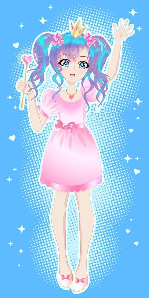 Girl in a princess crown, in a pink dress with a magic wand in the style of anime, manga. vector