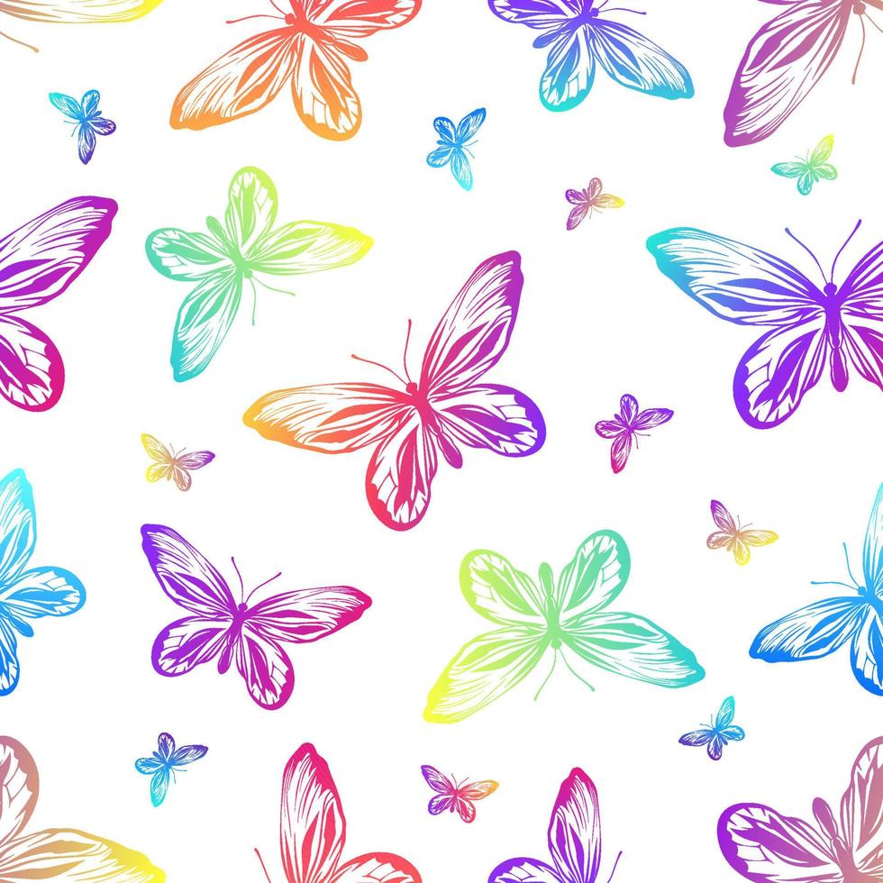 Seamless pattern with rainbow butterflies on a white background. Pattern for fabrics, wrapping paper. vector