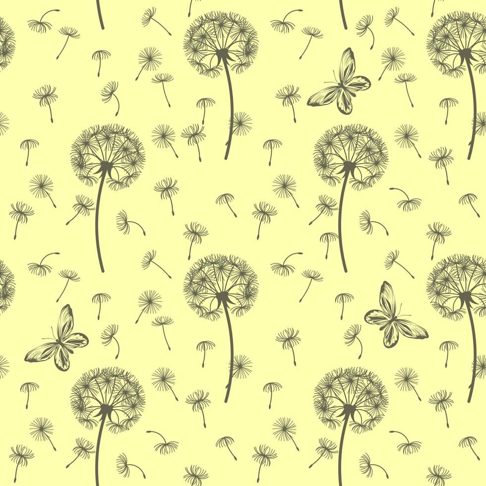 Seamless pattern of dandelions and butterflies on a yellow background. For wrapping paper, design and decoration. vector