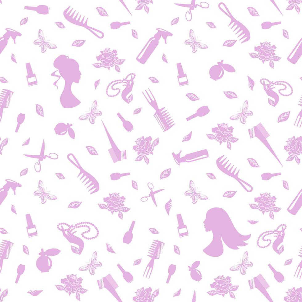 Barber tools seamless pattern scissors, comb, spray bottle, rose, butterfly, beads, girl profile. Design for poster, banner, print. vector