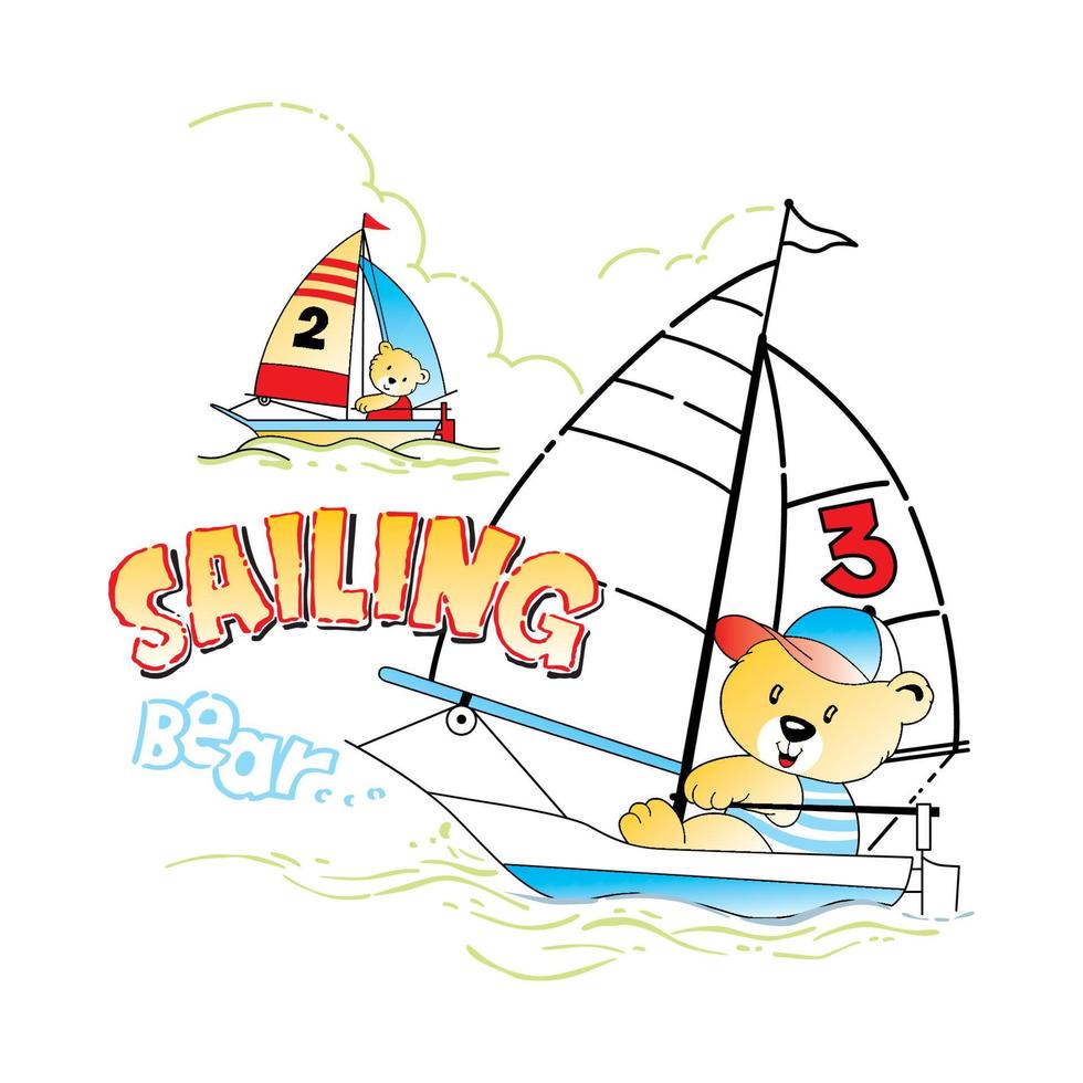 cartoon bear is racing sailboat in the ocean vector