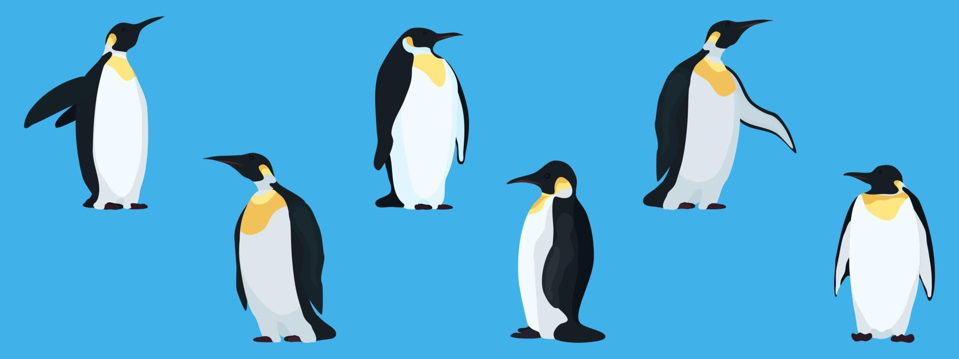 pingüinos planos sobre una colección de fondo azul vector