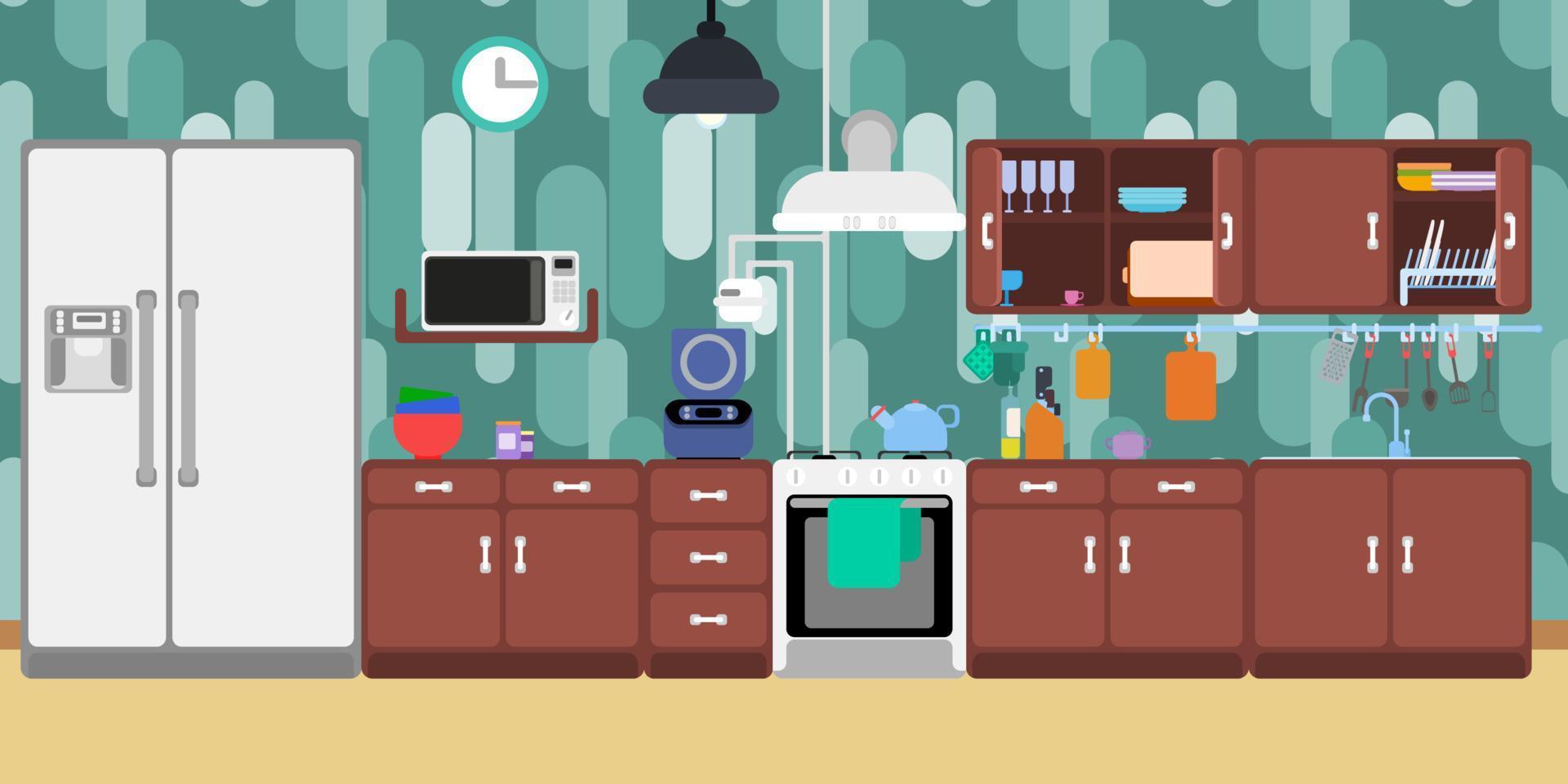 muebles de cocina estilo plano sobre un fondo verde vector