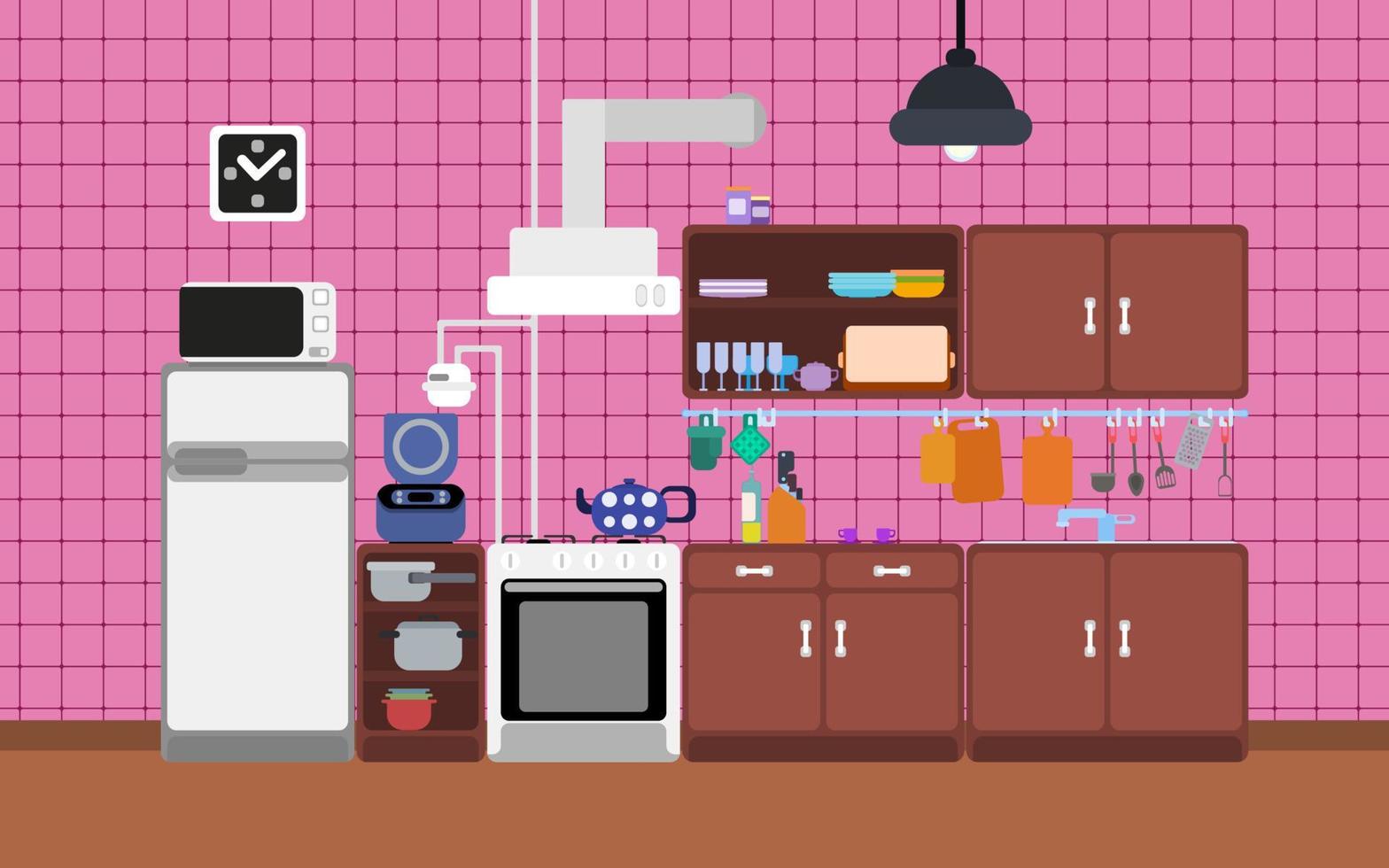 cocina plana detallada sobre un fondo rosa vector