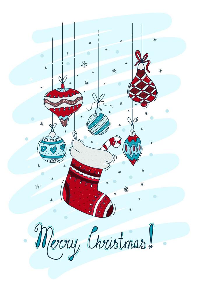 tarjeta de felicitación vertical feliz navidad. calcetín de navidad con bastón de caramelo rayado y bolas de navidad sobre fondo decorativo con copos de nieve. ilustración vectorial vector