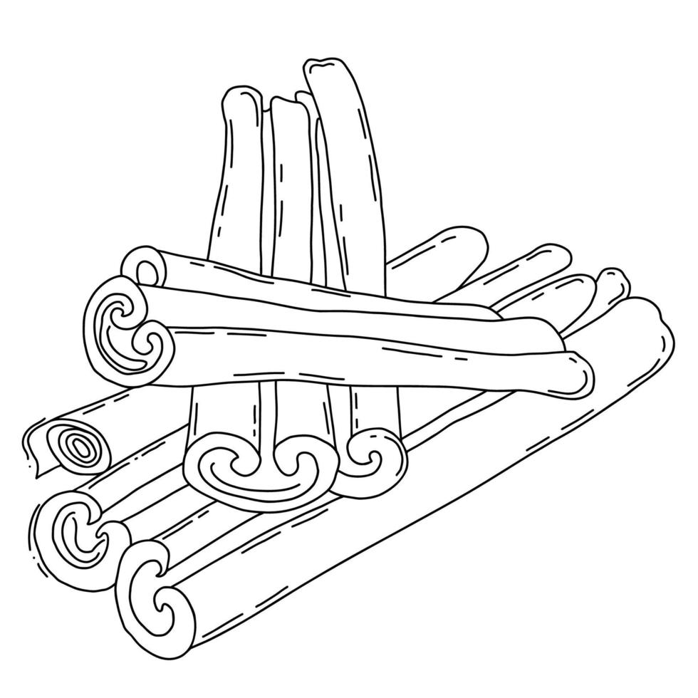Fragrant spice. Cinnamon sticks. Vector illustration. Large pile of cooking spice cinnamon and mulled wine, outline, linear hand drawing