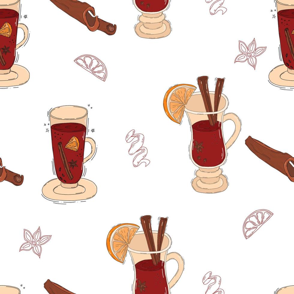 Seamless pattern with mulled wine, herbs and spices. Vector illustration