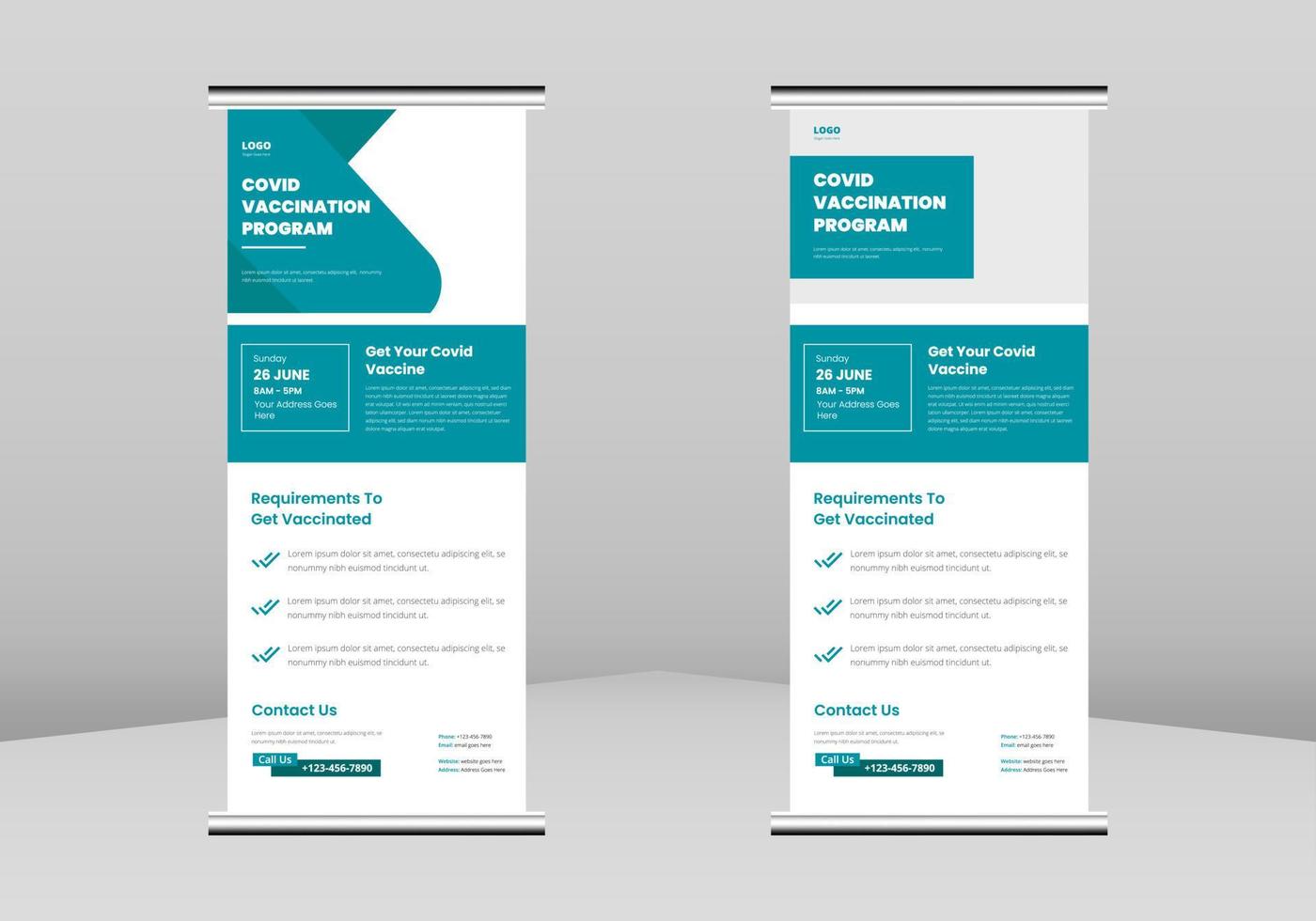 Covid vaccination Roll up Banner Design, Covid vaccination Roll up leaflet template. Injection flyer poster template. Covid vaccination DL Flyer, Trend Business Roll Up Banner Design, vector