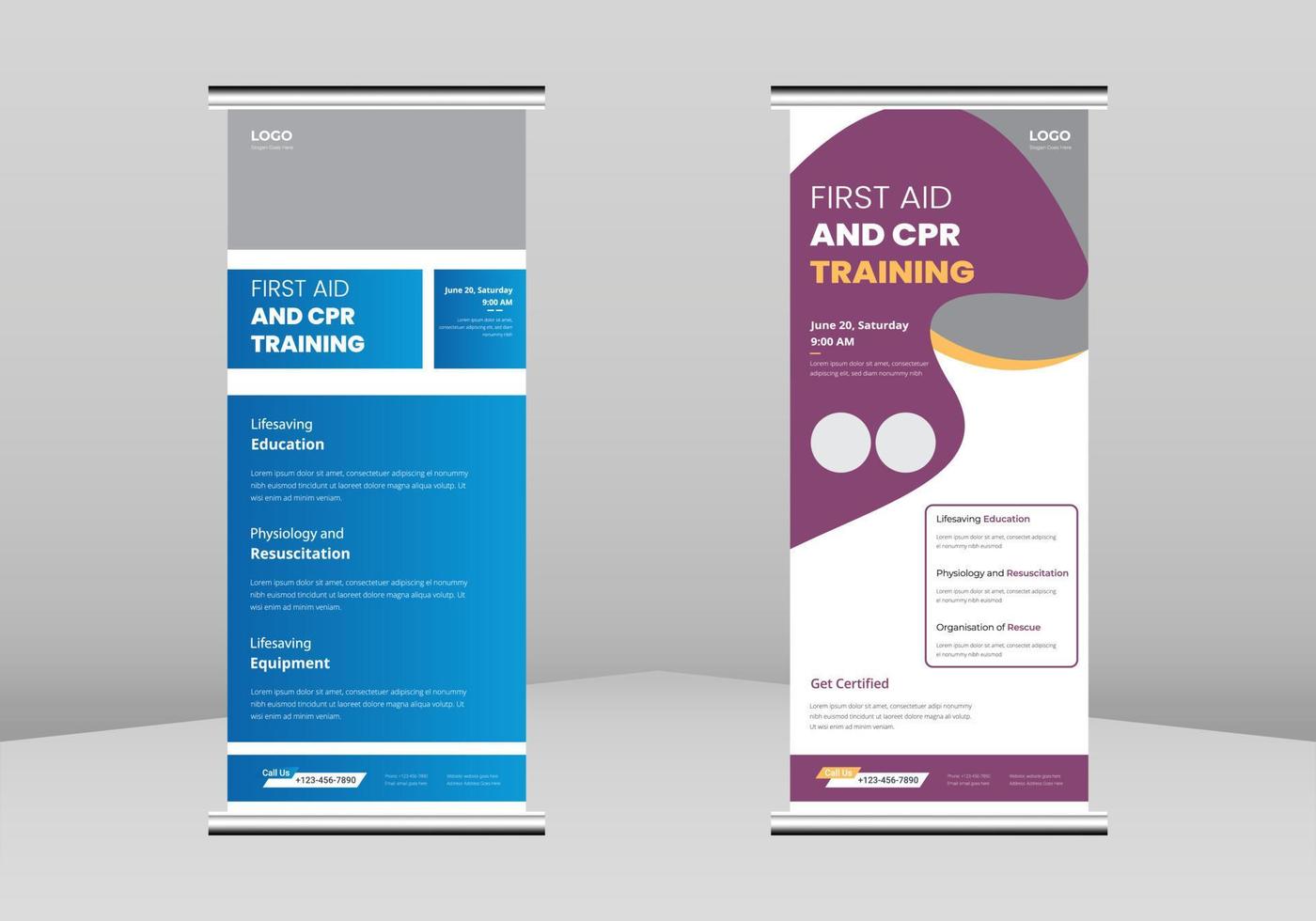 First Aid And CPR Training Roll Up Banner Design, First Aid And CPR Training Service Roll Up Banner, First Aid And CPR Training promotional Service Banner Design, vector