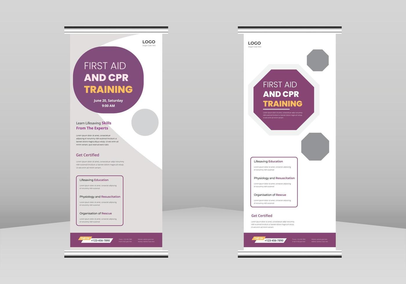 First Aid And CPR Training Roll Up Banner Design, First Aid And CPR Training Service Roll Up Banner, First Aid And CPR Training promotional Service Banner Design, vector