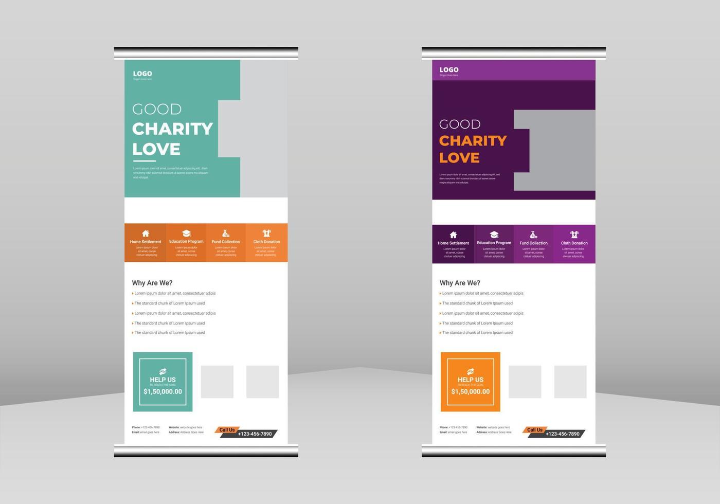 Charity support Roll up Banner Design, Charity donation poster Roll up leaflet template. Charity support poster template. Charity donation poster DL Flyer, Trend Business Roll Up Banner Design vector