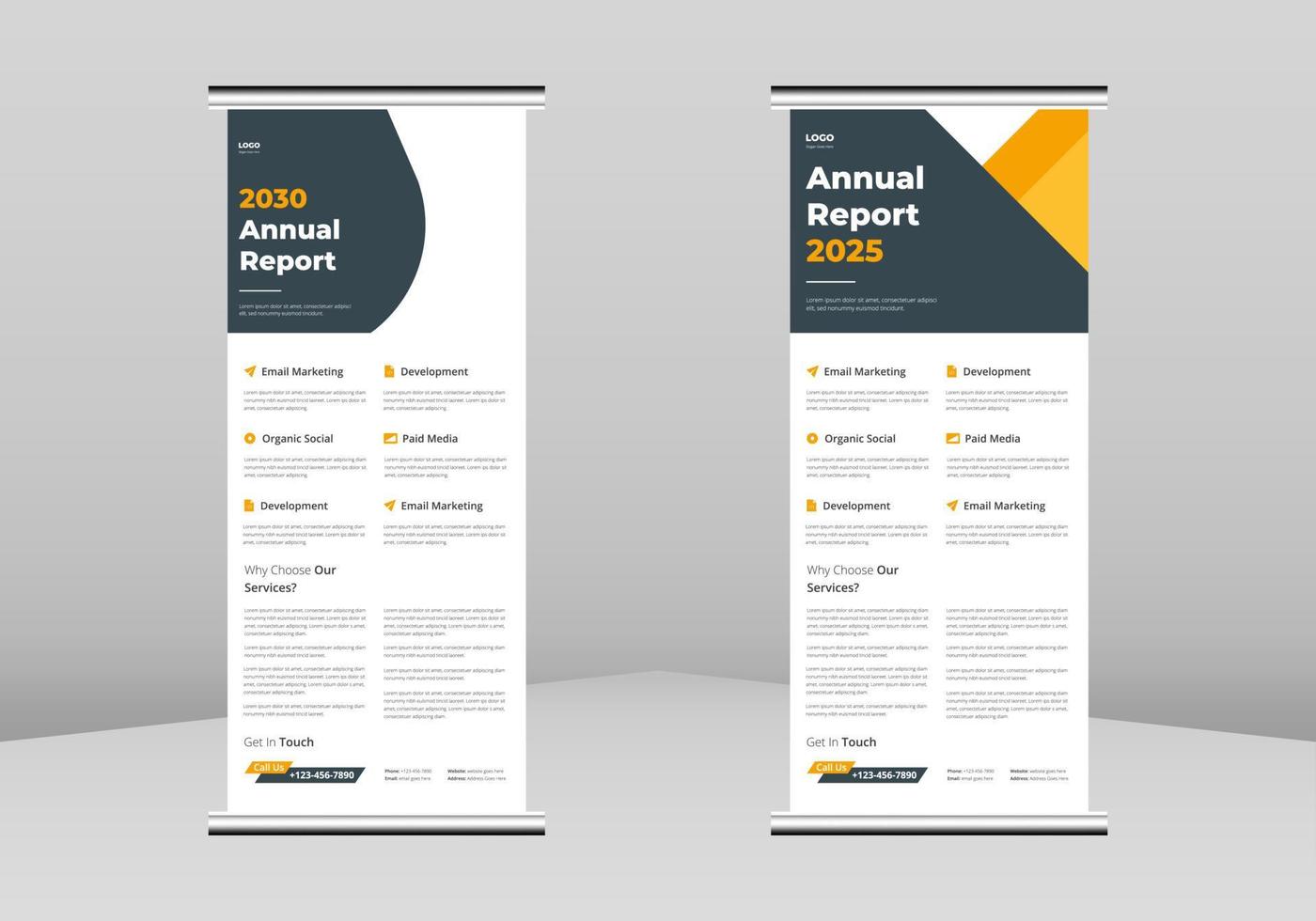 Annual Report Roll up Banner Design, Annual Report and Company Profile Roll up leaflet template. Annual Report poster template.Annual Report and Company Profile poster DL Flyer vector