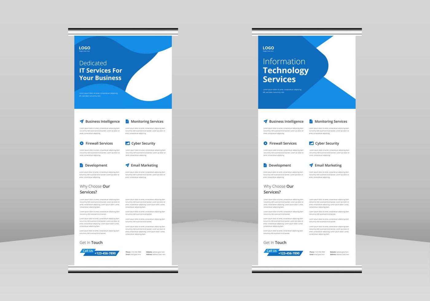 IT service and management Roll up Banner Design, Virtual IT services Roll up leaflet template. IT service poster template. Virtual II service poster DL Flyer, Trend Business Roll Up Banner Design vector
