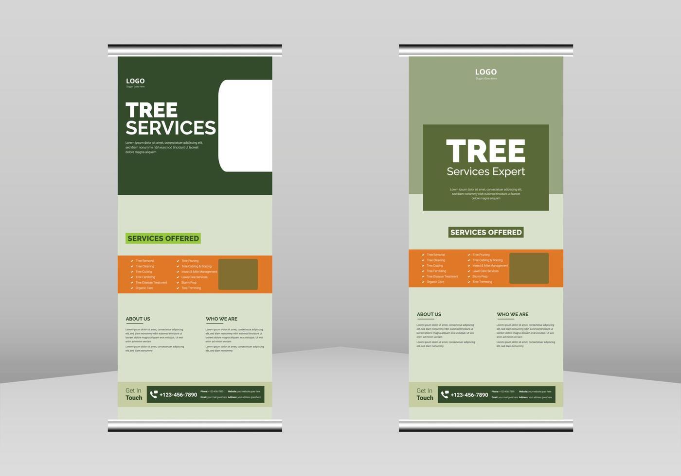 Folleto de servicio de árbol enrollable diseño de banner, plantilla de folleto enrollable de cartel de servicio de poda y remoción de árboles. servicio de césped flye poster dl flyer, tendencia empresarial roll up diseño de banner vector