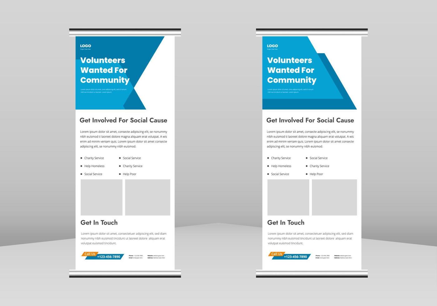 voluntario necesitado volante enrollar diseño de banner, cartel de voluntario de caridad enrollar plantilla de folleto. servicio de voluntariado comunitario cartel dl flyer, tendencia empresarial roll up diseño de banner vector