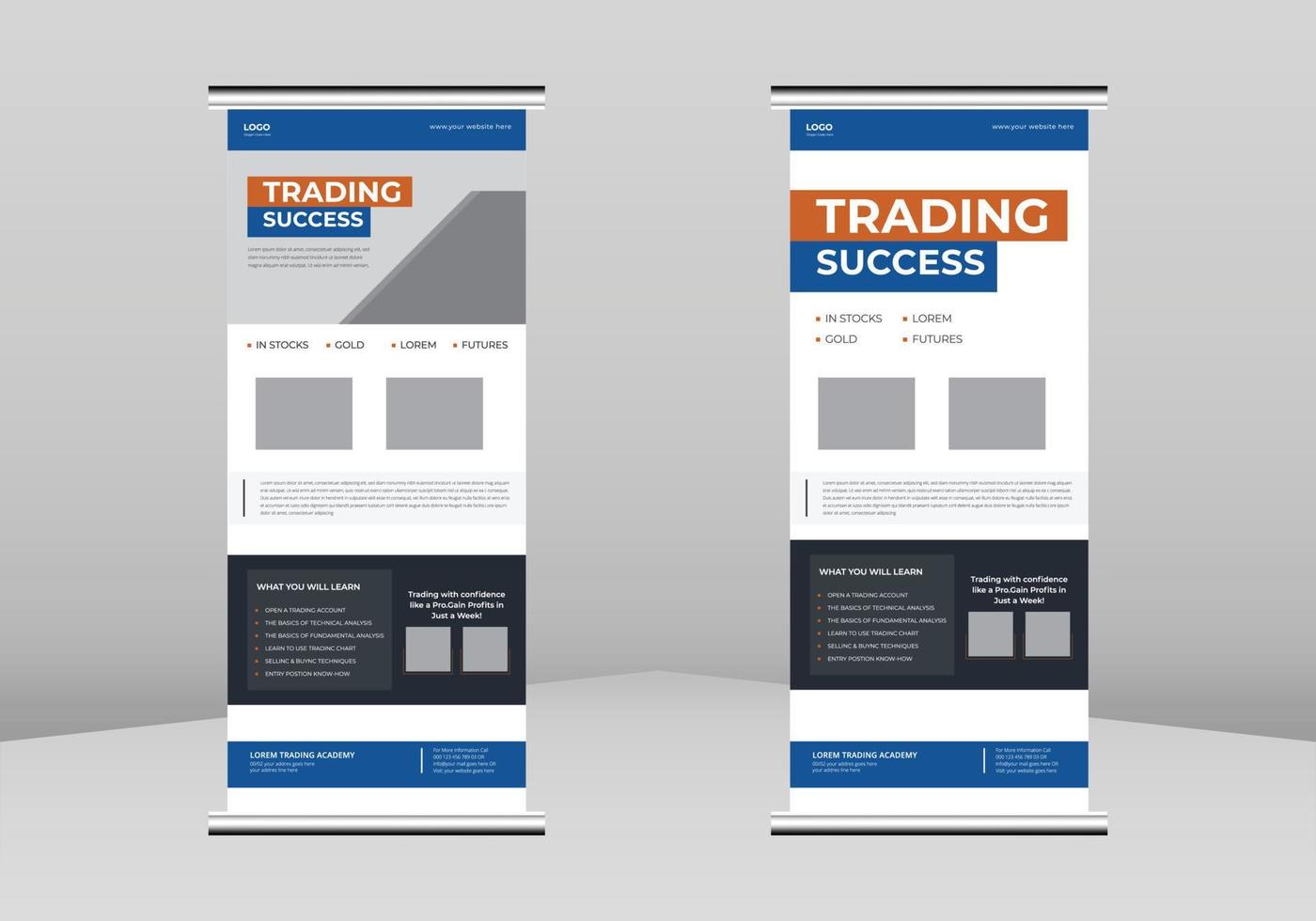 Finance trading Roll Up Banner Design, Trading Network leaflet design, Investment service poster template, Finance Trading Roll Up Promotional Service Banner Design, Finance trading DL Flyer vector