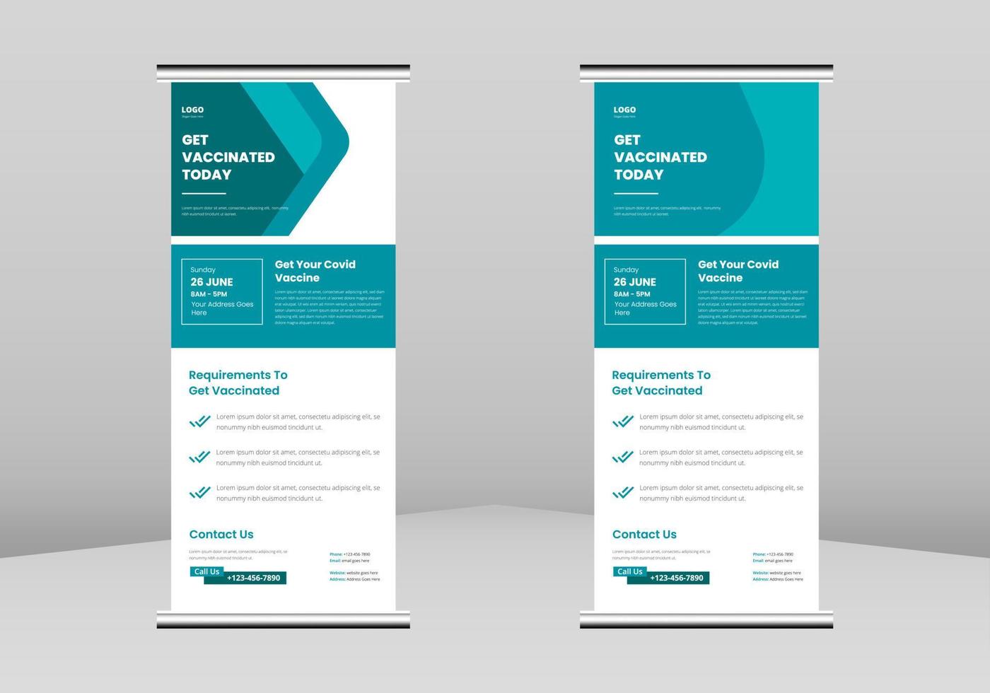 Covid vaccination Roll up Banner Design, Covid vaccination Roll up leaflet template. Injection flyer poster template. Covid vaccination DL Flyer, Trend Business Roll Up Banner Design, vector