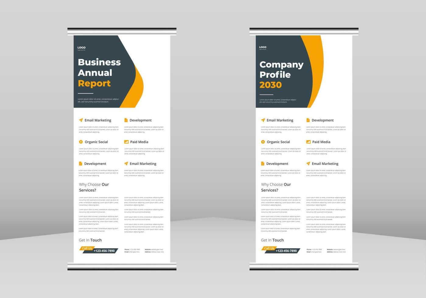 Annual Report Roll up Banner Design, Annual Report and Company Profile Roll up leaflet template. Annual Report poster template.Annual Report and Company Profile poster DL Flyer vector