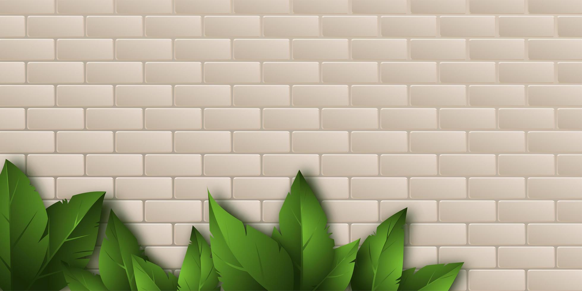Realistic green leaves cast a beautiful shadow on the beige brickwork. Place for your text. Texture of bricks. Vector illustration