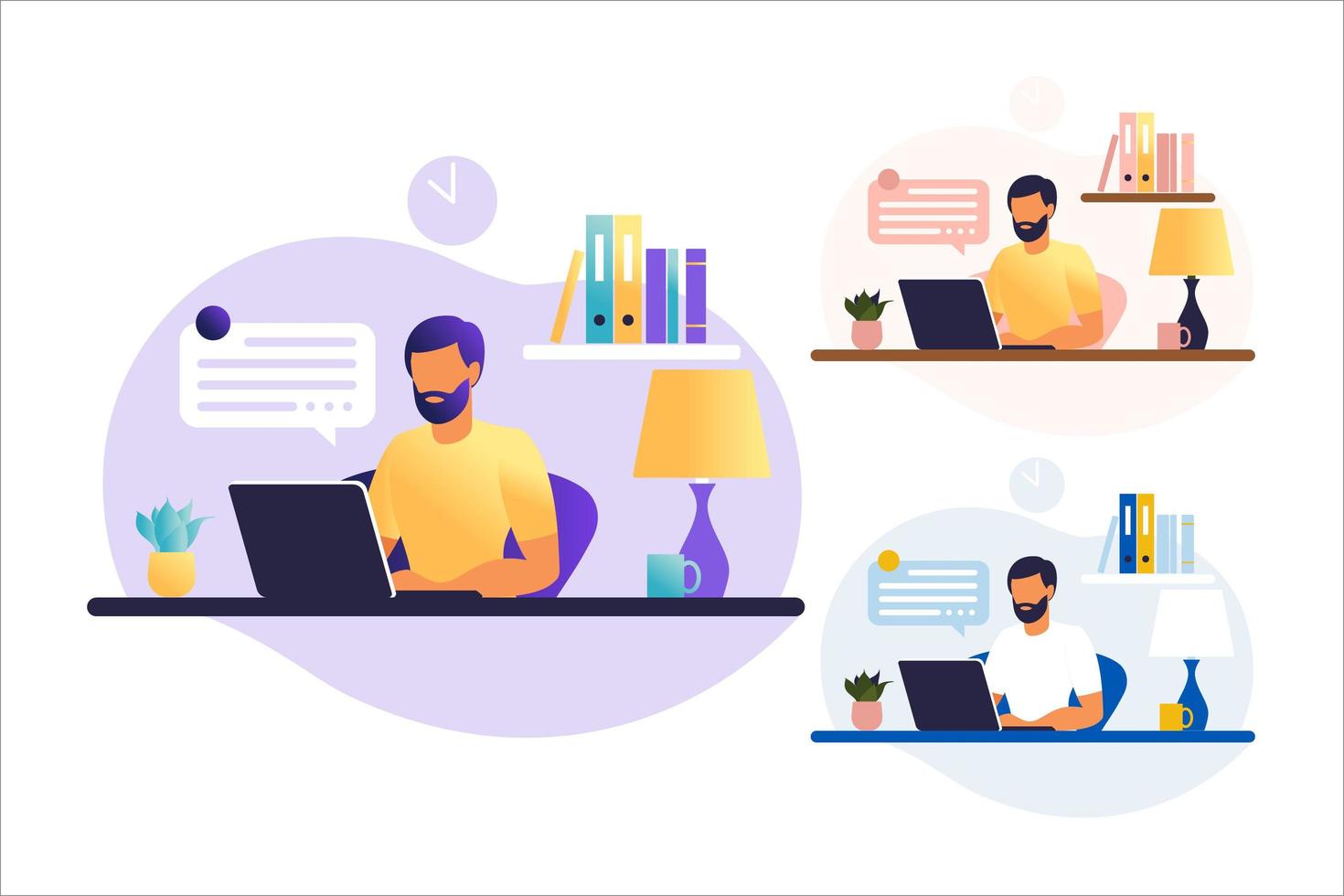 Man sitting table with laptop. Working on a computer. Freelance, online education or social media concept. Freelance or studying concept. Flat style. Vector illustration isolated on white.