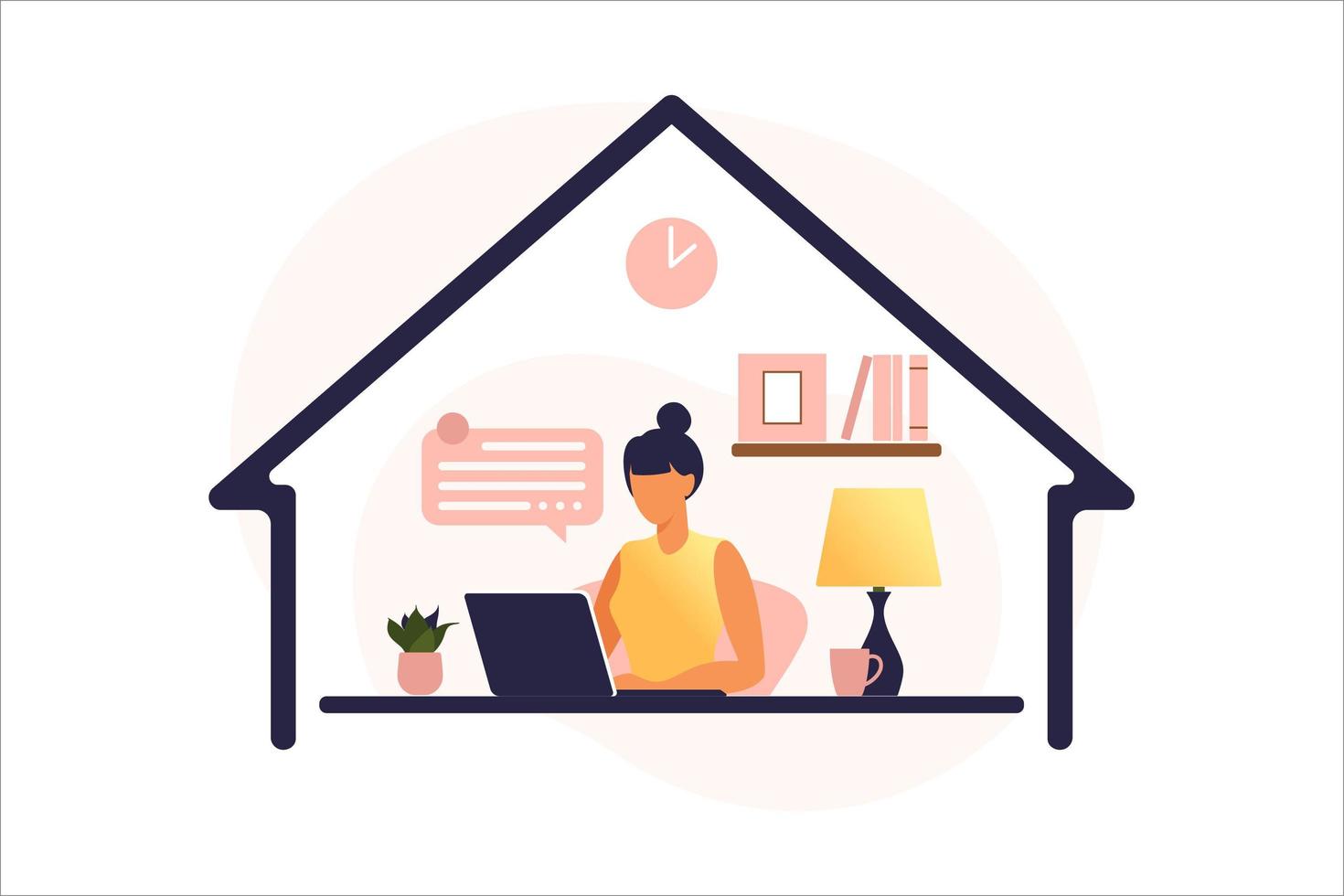 Woman sitting at the table with laptop. Working on a computer. Freelance, online education or social media concept. Working from home, remote job. Flat style. Vector illustration.