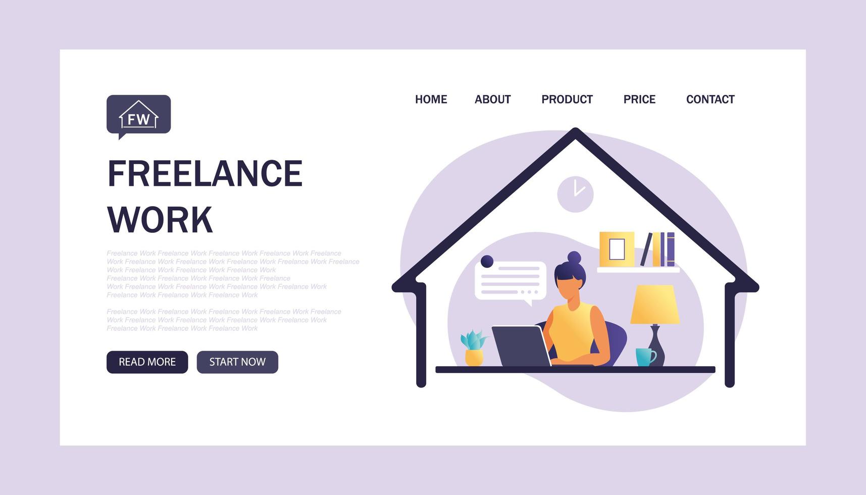 Freelance work landing page. Woman sitting at the table with laptop. Working on a computer. Freelance, online education or social media concept. Working from home, remote job. Flat. vector