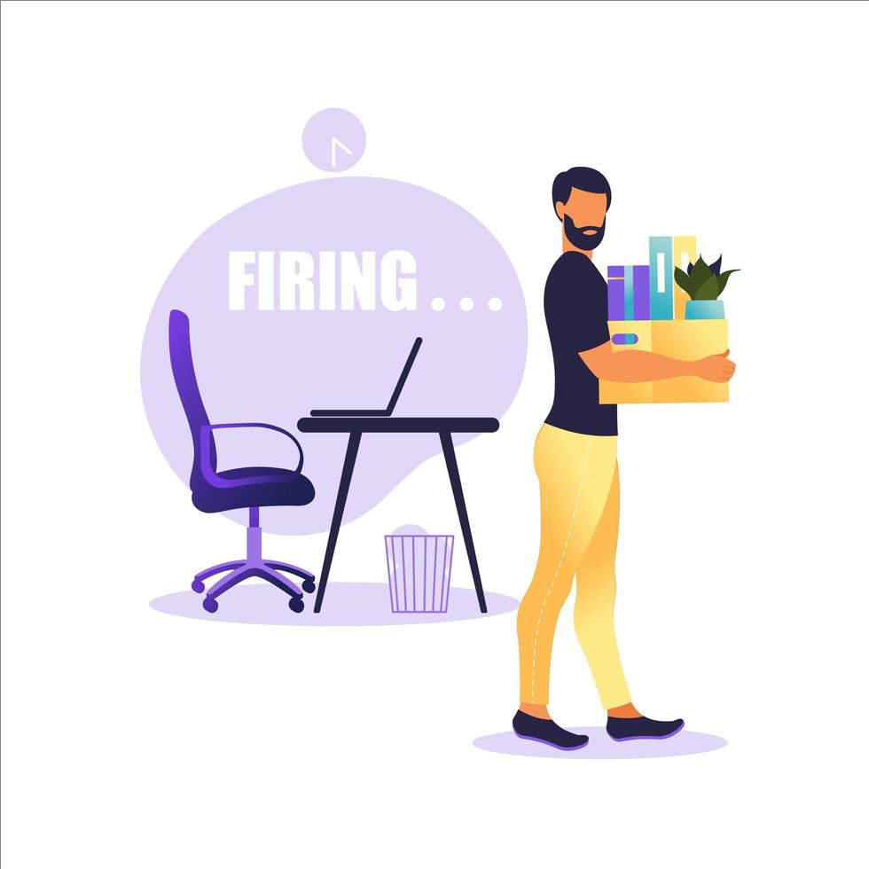 Vector illustration of firing employee. Man standing with offices box with things. Unemployment concept, crisis, jobless and employee job reduction. Job loss.