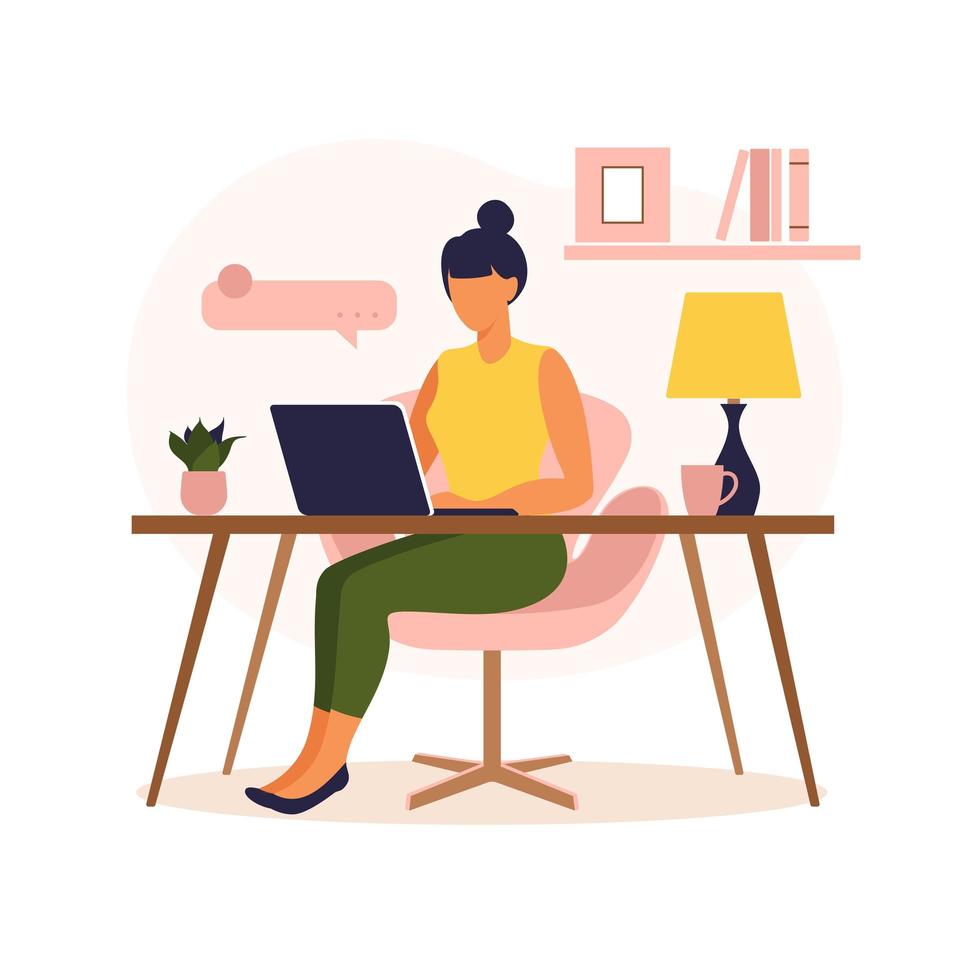 Woman sitting table with laptop. Working on a computer. Freelance, online education or social media concept. Freelance or studying concept. Flat style. Vector illustration isolated on white.