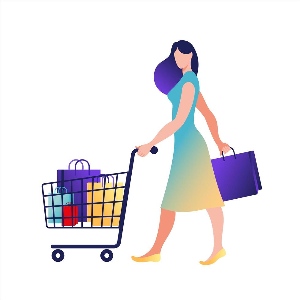mujer joven con bolsas de papel y cesta de la compra. concepto de compras online y offline. ilustración vectorial en estilo plano. vector