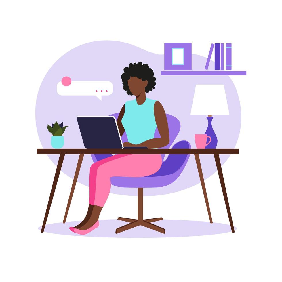 African woman sitting table with laptop. Working on a computer. Freelance, online education or social media concept. Freelance or studying concept. Flat style. Vector illustration.