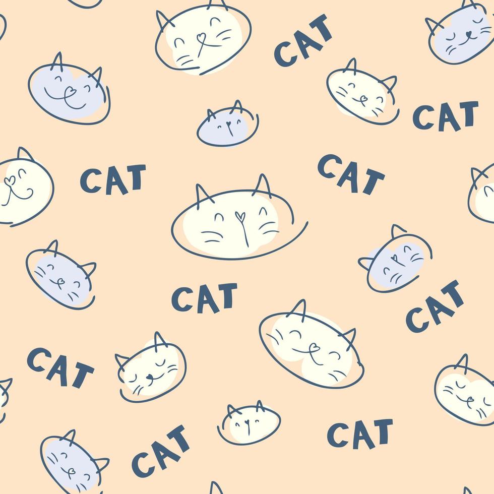 Hand drawn seamless pattern of kitten faces and text CAT. vector