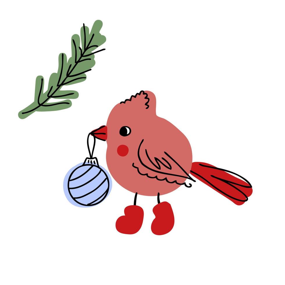 Doodle Northern cardinal bird in boots with christmas tree toy. vector