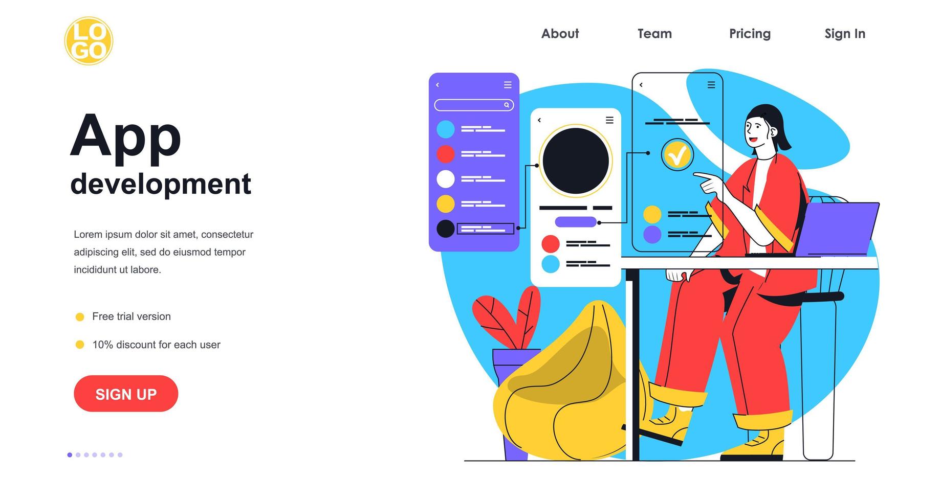 App development web banner concept. Woman programmer creates and optimizes interface mobile phone application, programming landing page template. Vector illustration with people scene in flat design