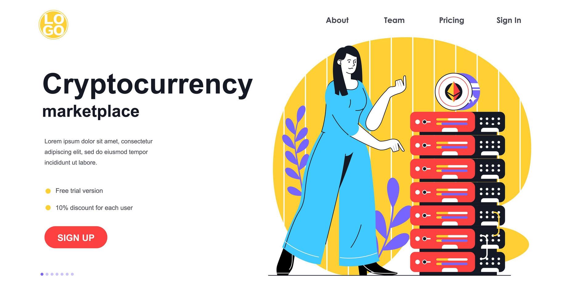Cryptocurrency marketplace web banner concept. Woman earning bitcoins on mining farm with server racks, hardware computing, landing page template. Vector illustration with people scene in flat design
