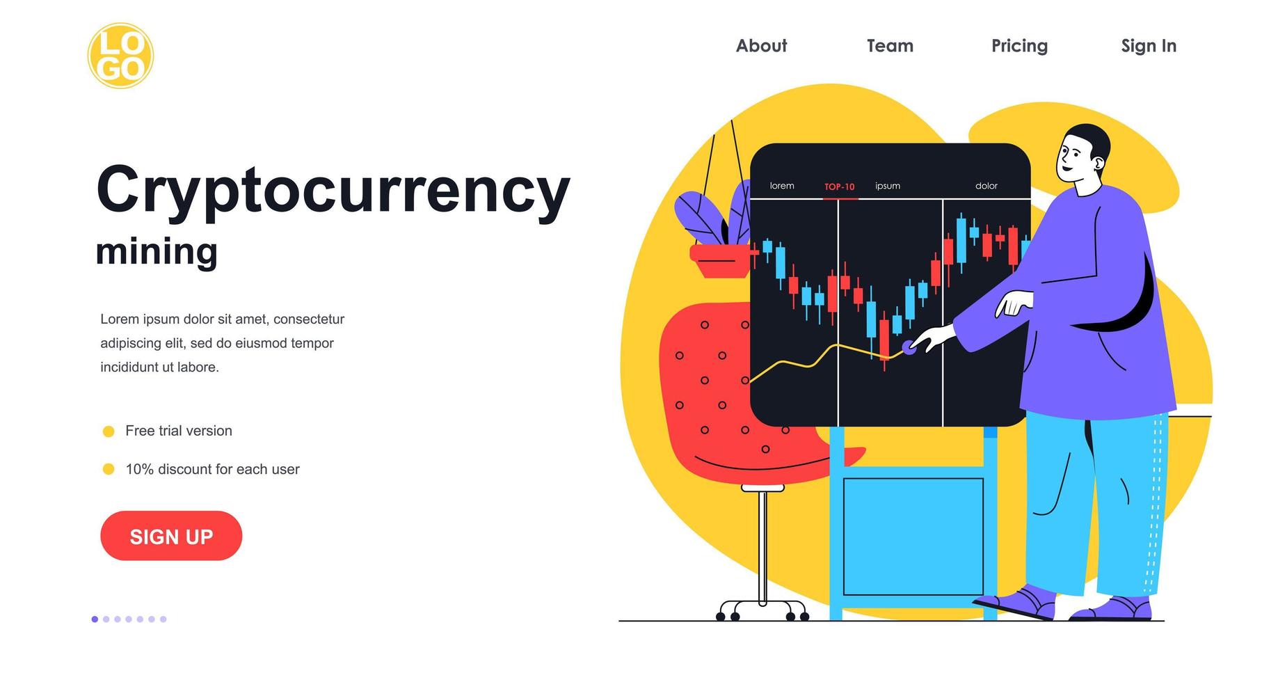 concepto de banner web de minería de criptomonedas. el hombre gana dinero criptográfico, analiza el gráfico de acciones de velas, la plantilla de la página de destino de la tecnología blockchain. ilustración vectorial con escena de personas en diseño plano vector