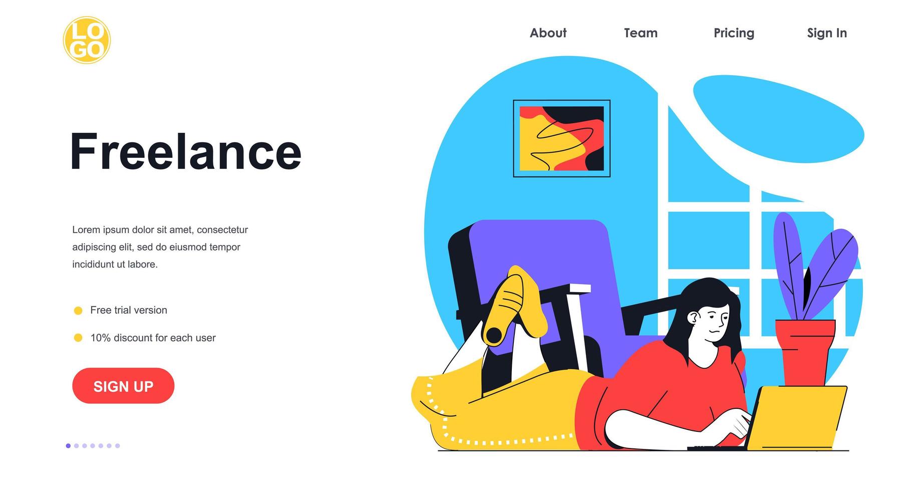 Freelance working web banner concept. Freelancer woman doing tasks on laptop from home. Remote worker at online workplace, landing page template. Vector illustration with people scene in flat design