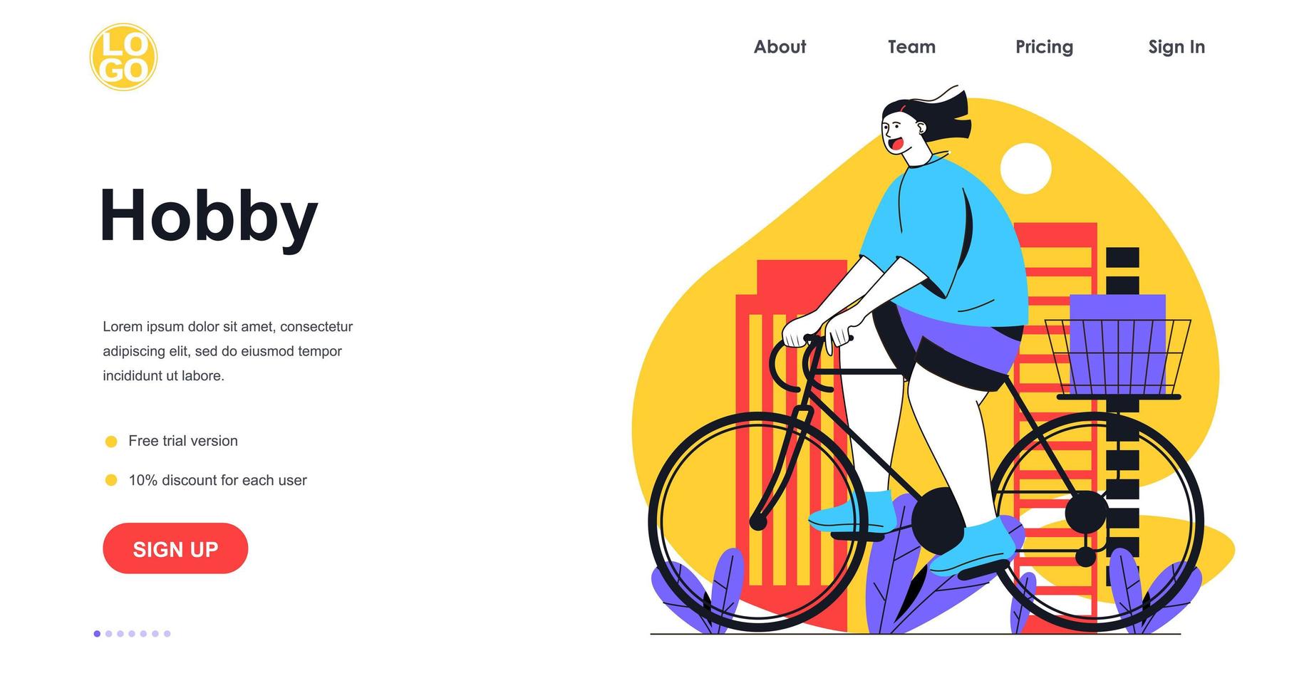 Hobby web banner concept. Smiling woman is riding bicycle. Happy girl cycling bike. Entertainment and leisure outdoor, landing page template. Vector illustration with people scene in flat design