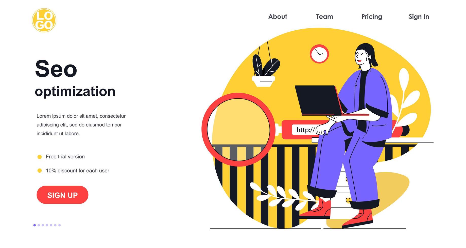 Seo optimization web banner concept. Woman working laptop, optimized website, management and search engine results, landing page template. Vector illustration with people scene in flat design