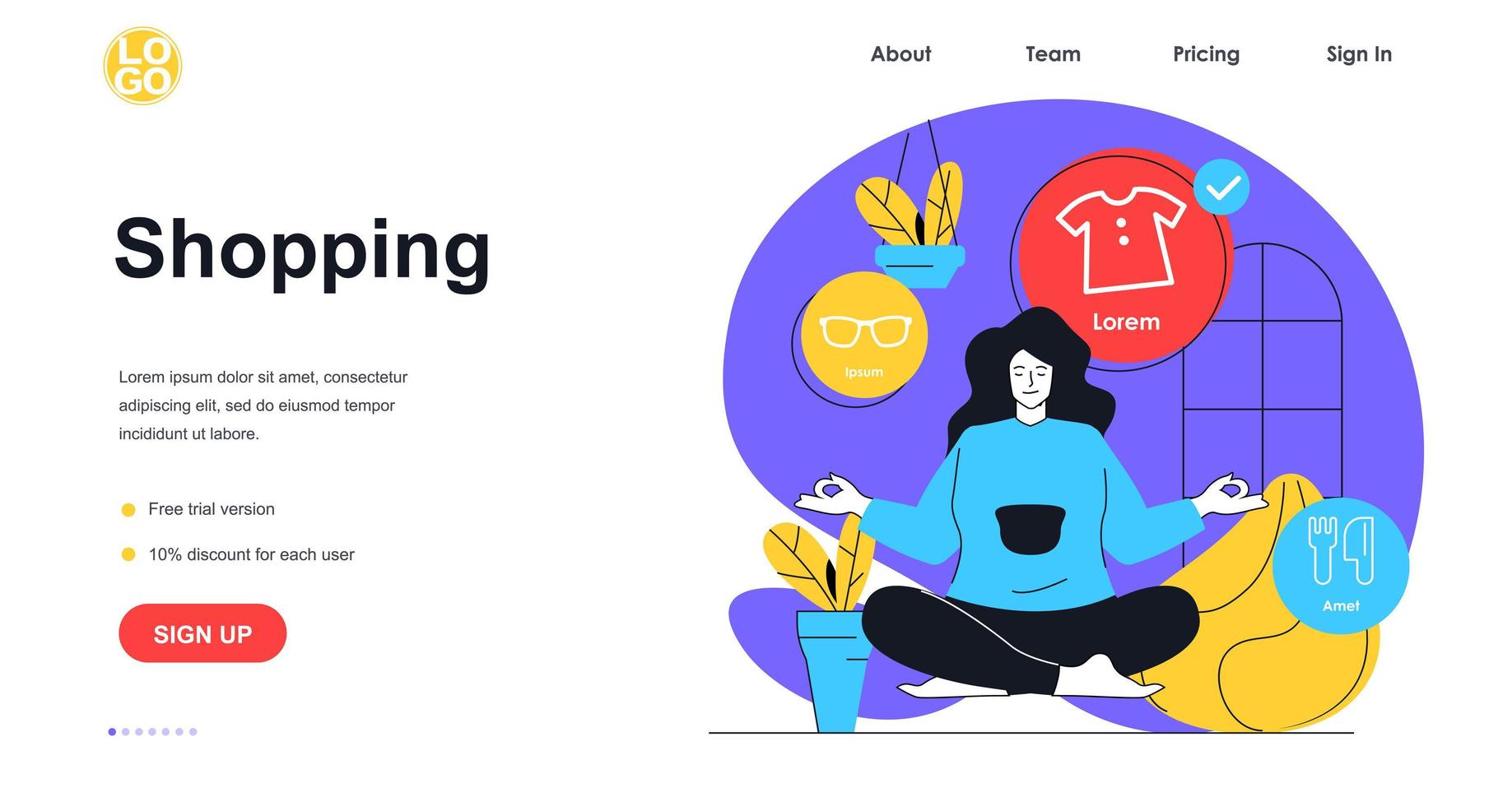 Shopping web banner concept. Woman meditates and makes online purchases, buying at sale store, market or mall, e-commerce landing page template. Vector illustration with people scene in flat design