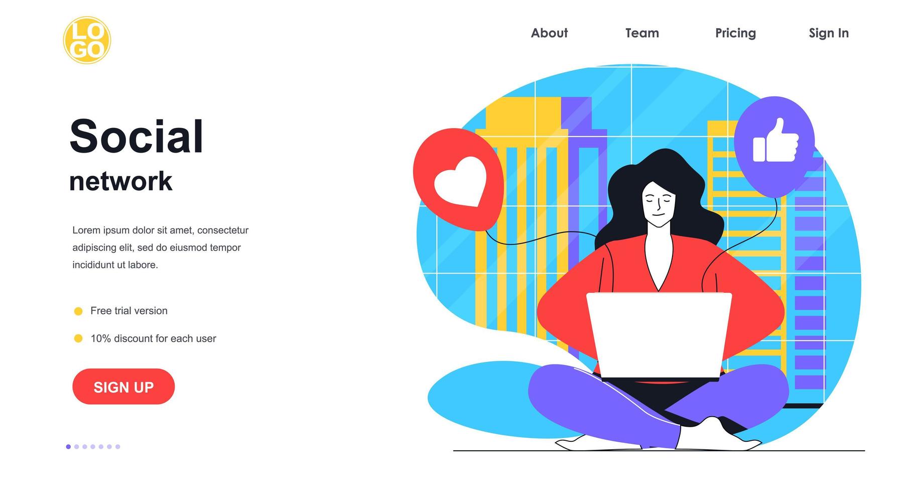 Social network web banner concept. Woman using laptop for browsing, posting, collects likes and hearts, online communication landing page template. Vector illustration with people scene in flat design