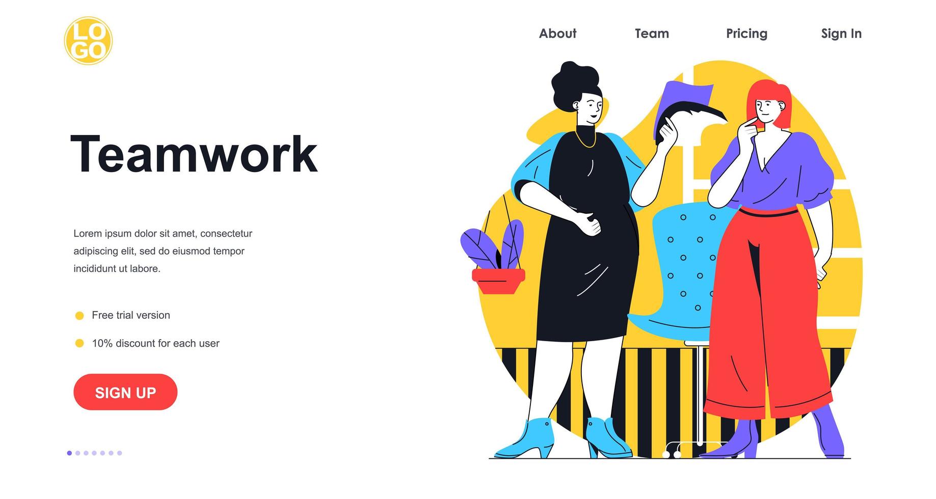 concepto de banner web de trabajo en equipo. colegas mujeres en reunión de negocios discutiendo tareas laborales, colaboración y lluvia de ideas, plantilla de página de destino. ilustración vectorial con escena de personas en diseño plano vector