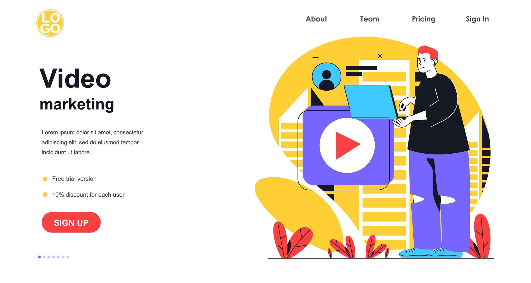 Video marketing web banner concept. Man creates video content using laptop, develops channel, online marketing strategy landing page template. Vector illustration with people scene in flat design