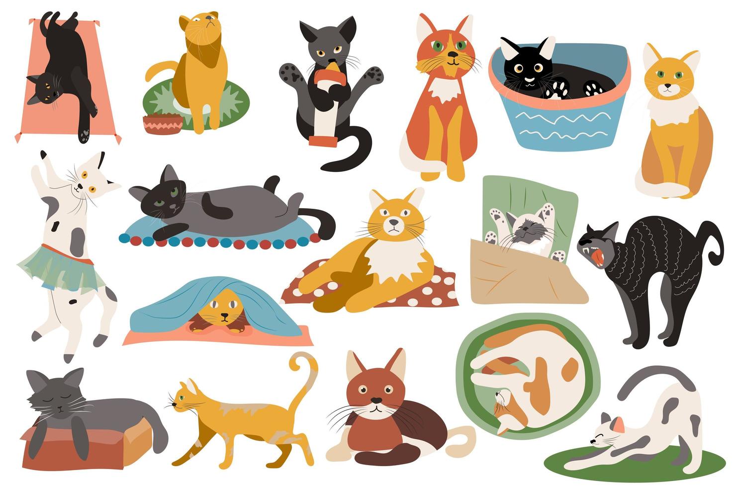 Conjunto de elementos aislados de gatos lindos. paquete de gatitos acostados, sentados, durmiendo, jugando, expresión de emociones y escenas de animales domésticos. kit de creador para ilustración vectorial en diseño plano de dibujos animados vector